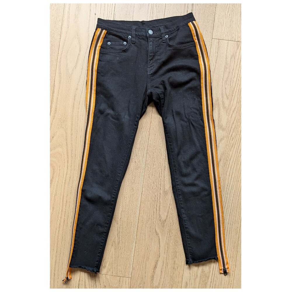 Carmar Mia womens black with orange tuxedo zipper stripe raw ankle jeans size 26